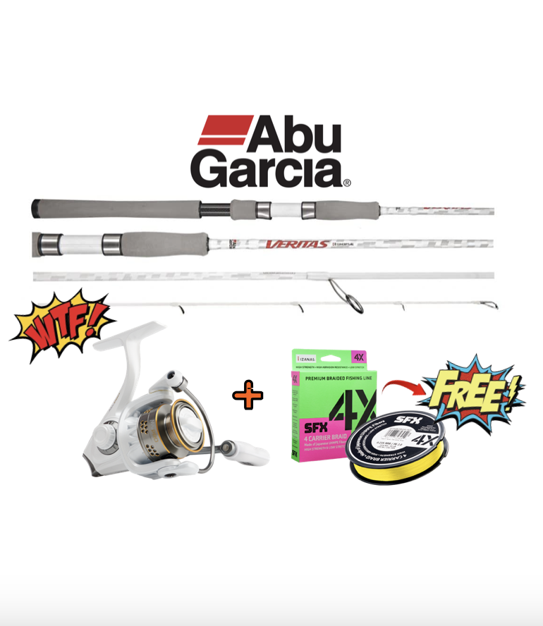 Abu Garcia Veritas Spinning or Squidding Rod / Abu Garcia Max Pro 20 Reel /  FREE X4 Braid 6LB – Fishing R Us