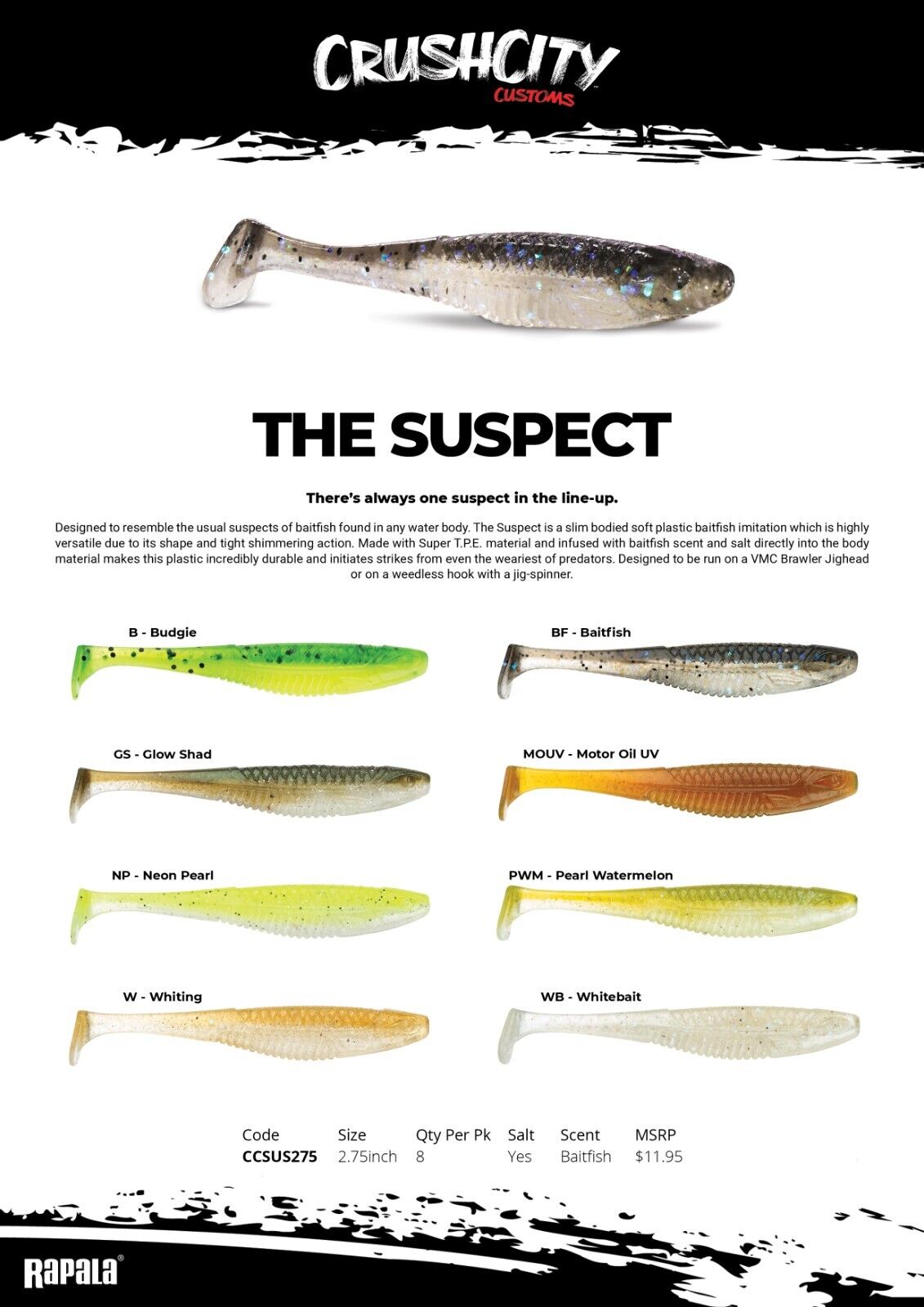 Rapala “CRUSH CITY” The Suspect Soft Plastic Fishing Lures (8 pack of 2.75  inch) – Fishing R Us